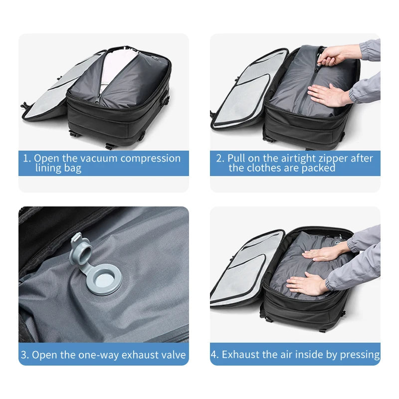 Travel backpack with vacuum function
